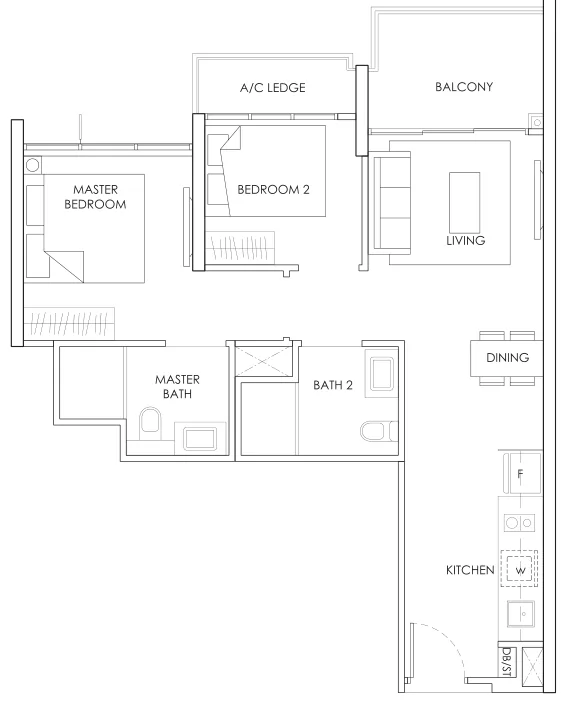 The Alps Residences floor plan, type B1: 2-Bedroom, 689 sq ft