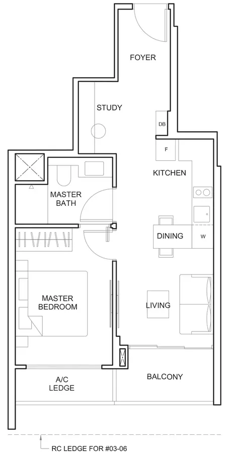 The Arcady at Boon Keng floor plan, type A1: 1-Bedroom + Study, 527 sq ft