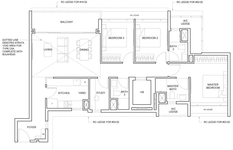 The Arcady at Boon Keng floor plan, type C5: 3-Bedroom Premium + Study, 1,281 sq ft