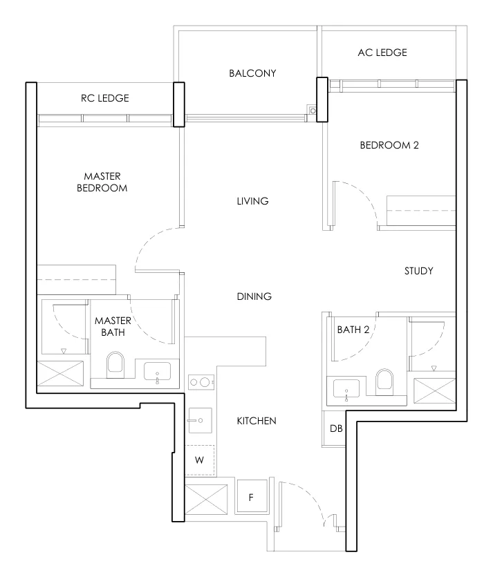 Chuan Park floor plan, type B2: 2-Bedroom, 732 sq ft