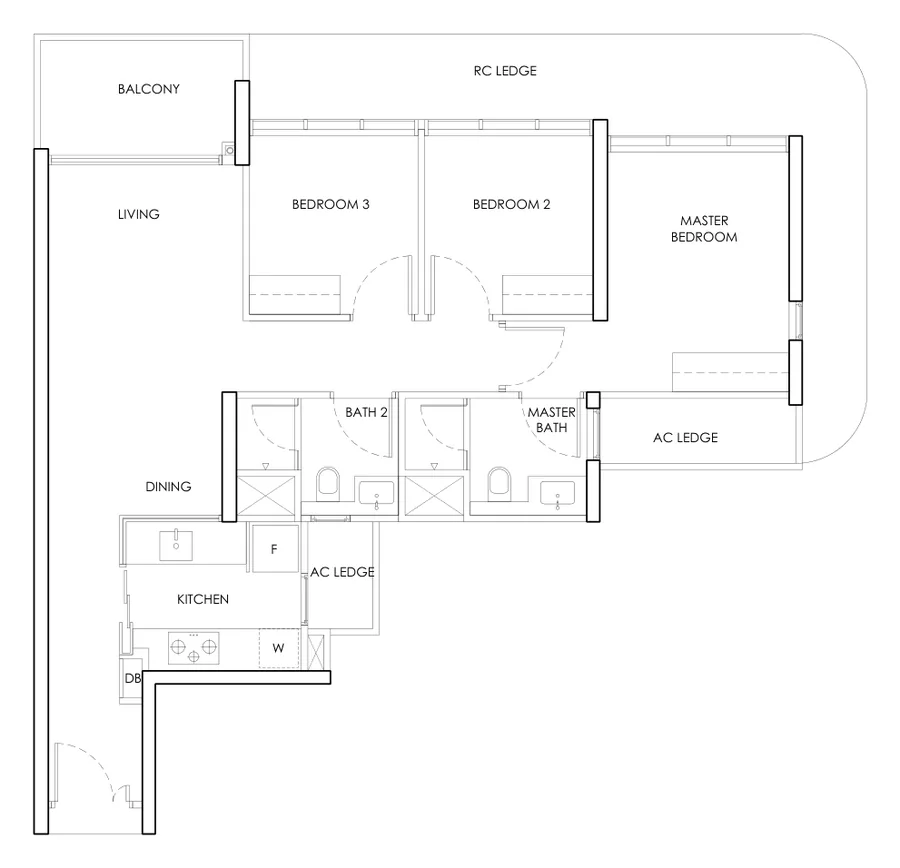 Chuan Park floor plan, type C1a: 3-Bedroom, 936 sq ft
