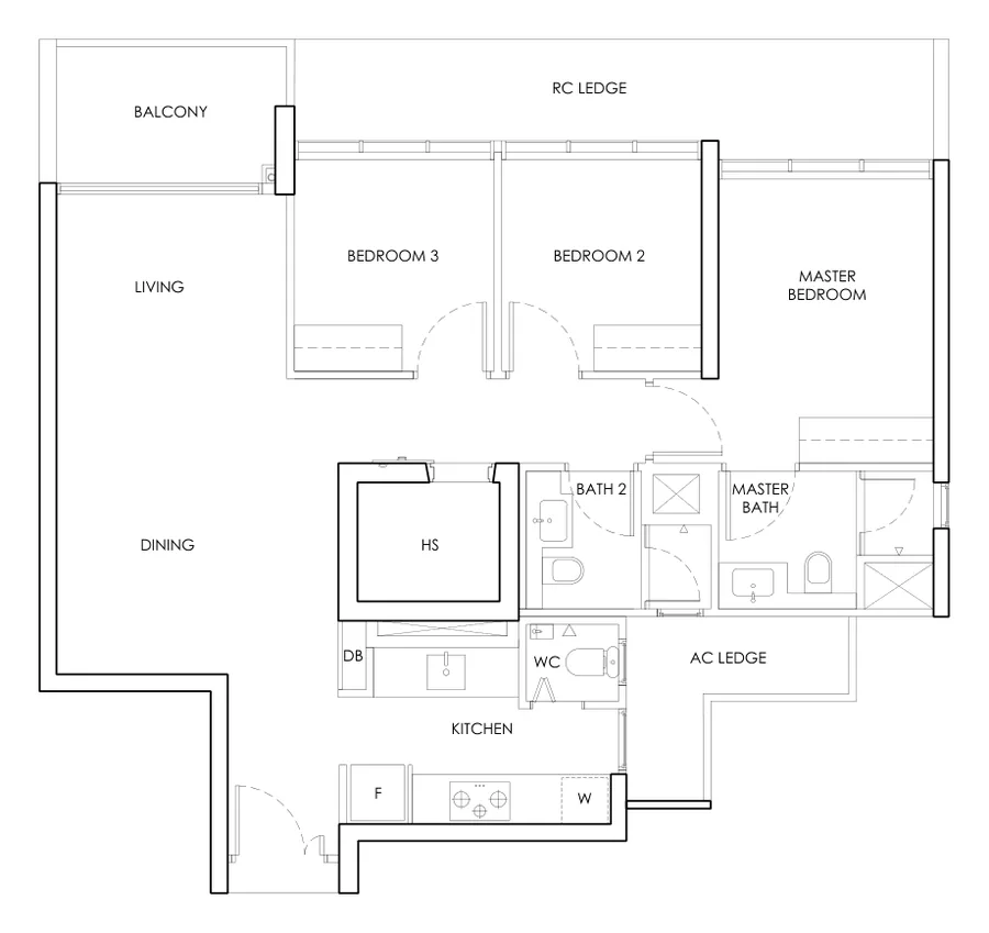 Chuan Park floor plan, type C2a: 3-Bedroom, 1,033 sq ft