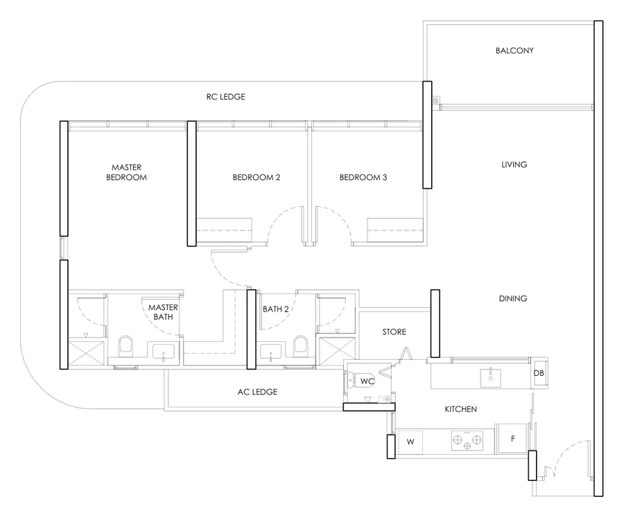 Chuan Park floor plan, type C3a: 3-Bedroom, 1,206 sq ft