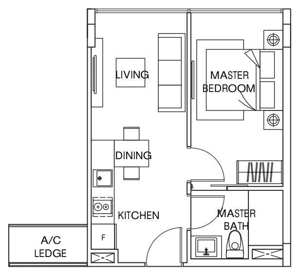 The Citron Residences floor plan, type A1: 1-Bedroom, 388 sq ft