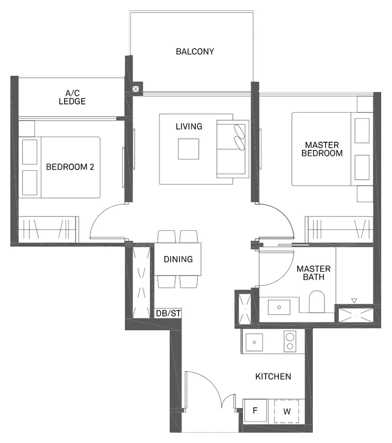 The Clement Canopy floor plan, type A1: 2-Bedroom (Type A), 635 sq ft