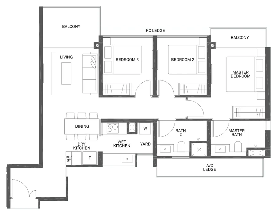 The Clement Canopy floor plan, type C1: 3-Bedroom + Yard, 990 sq ft