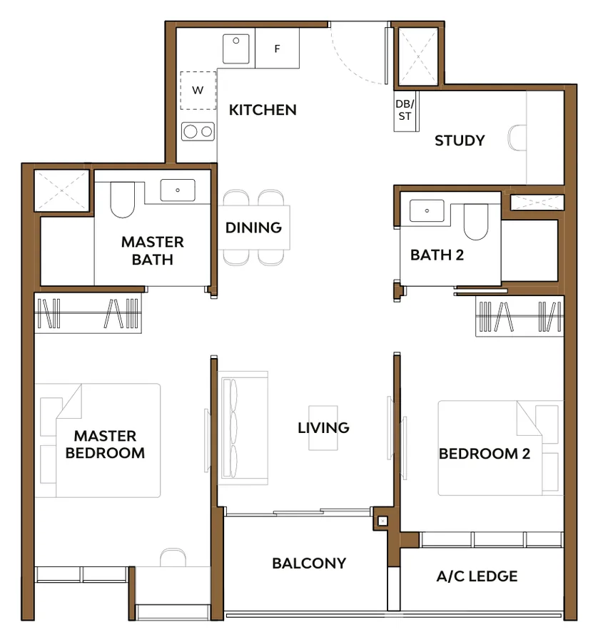 The Collective at One Sophia floor plan, type 2S2: 2-Bedroom Premium + Study, 764 sq ft