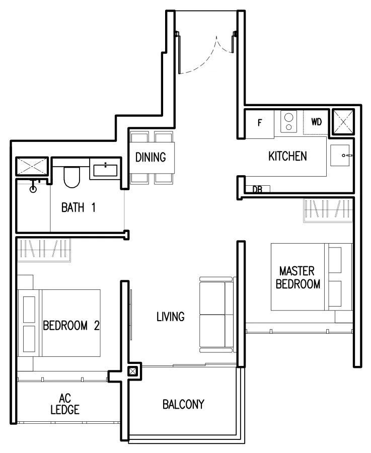 The Commodore floor plan, type B1: 2-Bedroom, 624 sq ft