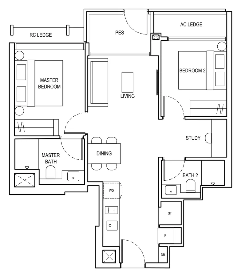 The Continuum floor plan, type B3-G: 2 Bedroom + Study, 700 sq ft