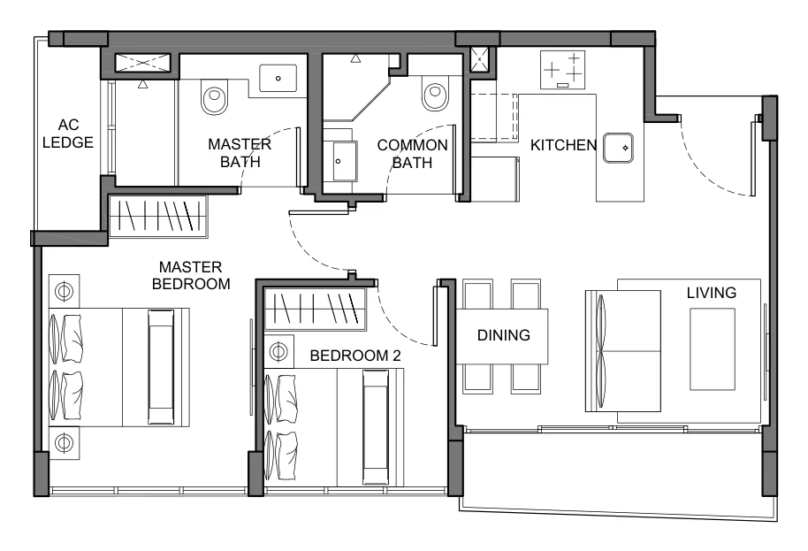 The Enclave Holland floor plan, type B1: 2-Bedroom, 657 sq ft
