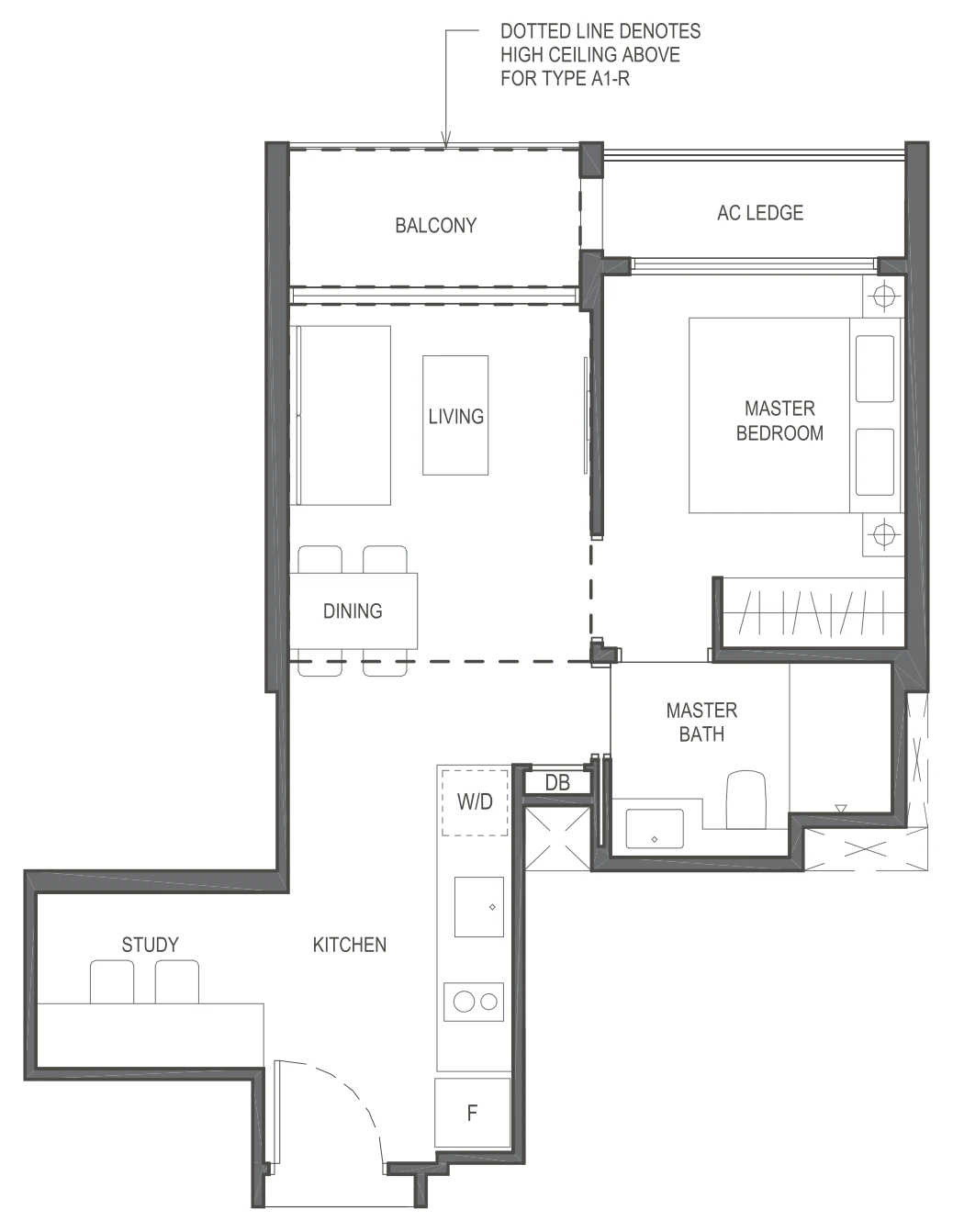 The Essence floor plan, type A1: 1-Bedroom + Study, 538 sq ft