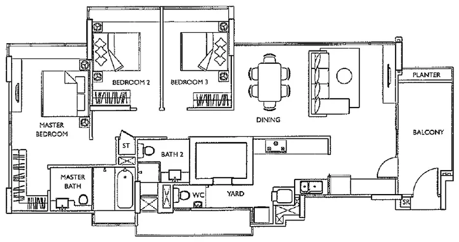 The Esta floor plan, type B1: 3-Bedroom, 1,313 sq ft