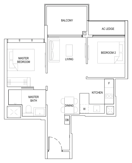 The Florence Residences floor plan, type 2C2: 2-Bedroom Classic, 624 sq ft