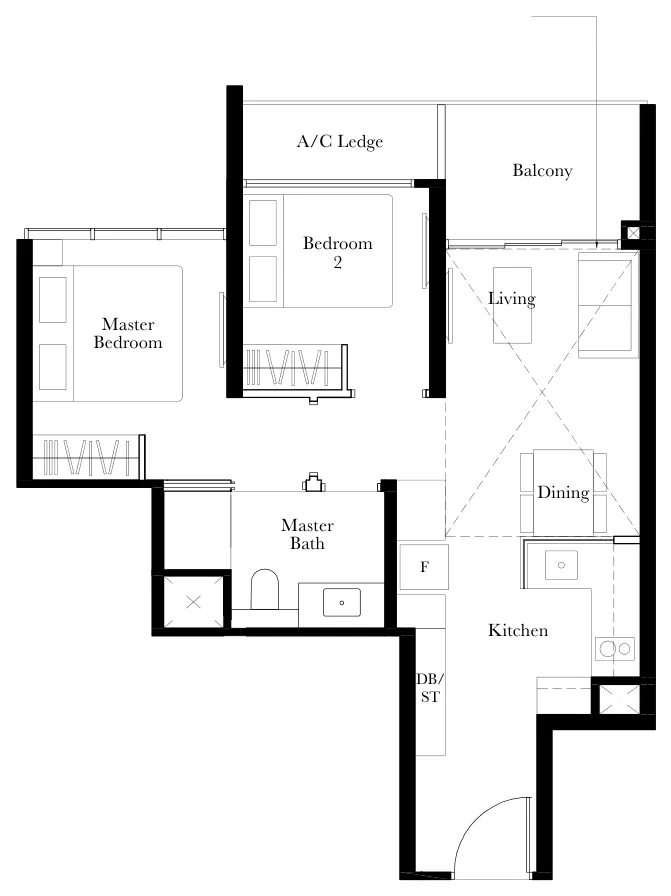 The Garden Residences floor plan, type B1: 2-Bedroom, 614 sq ft