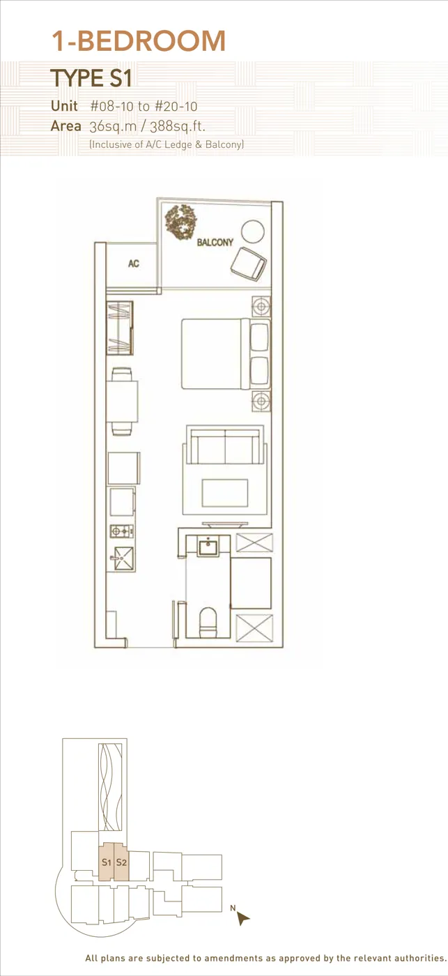 The Interweave floor plan, type S1: 1-Bedroom, 388 sq ft