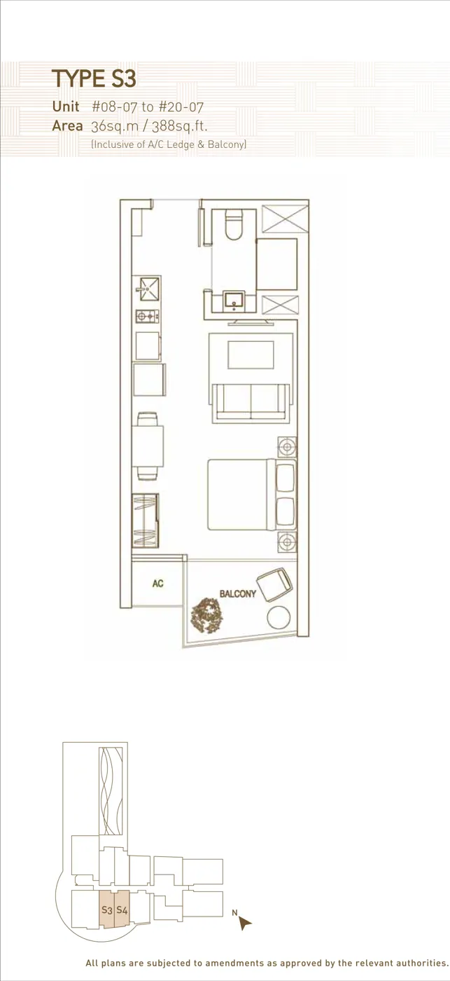 The Interweave floor plan, type S3: 1-Bedroom, 388 sq ft