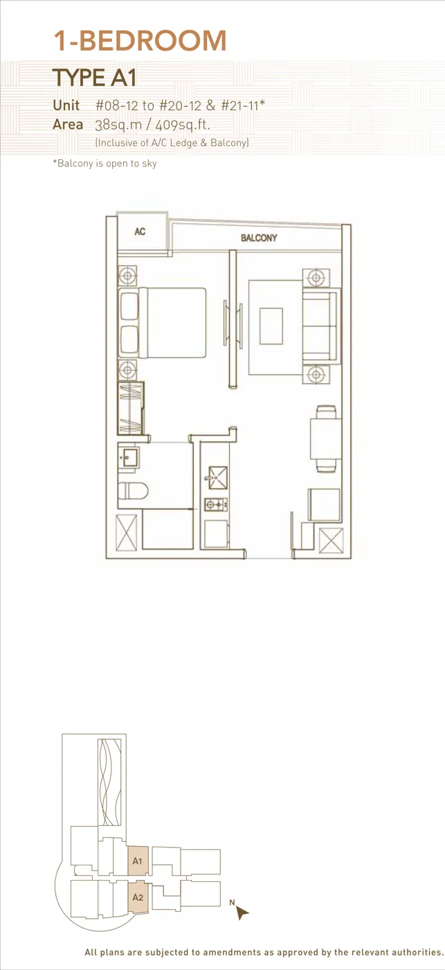 The Interweave floor plan, type A1: 1-Bedroom, 409 sq ft