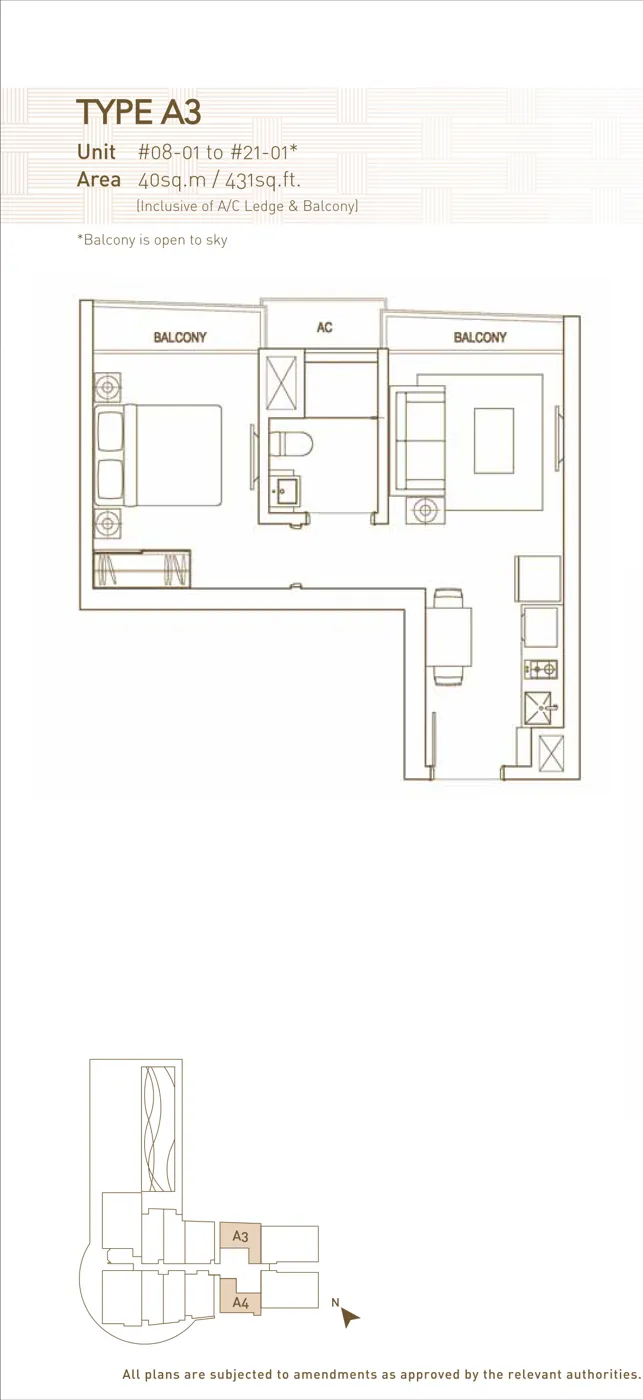 The Interweave floor plan, type A3: 1-Bedroom, 431 sq ft