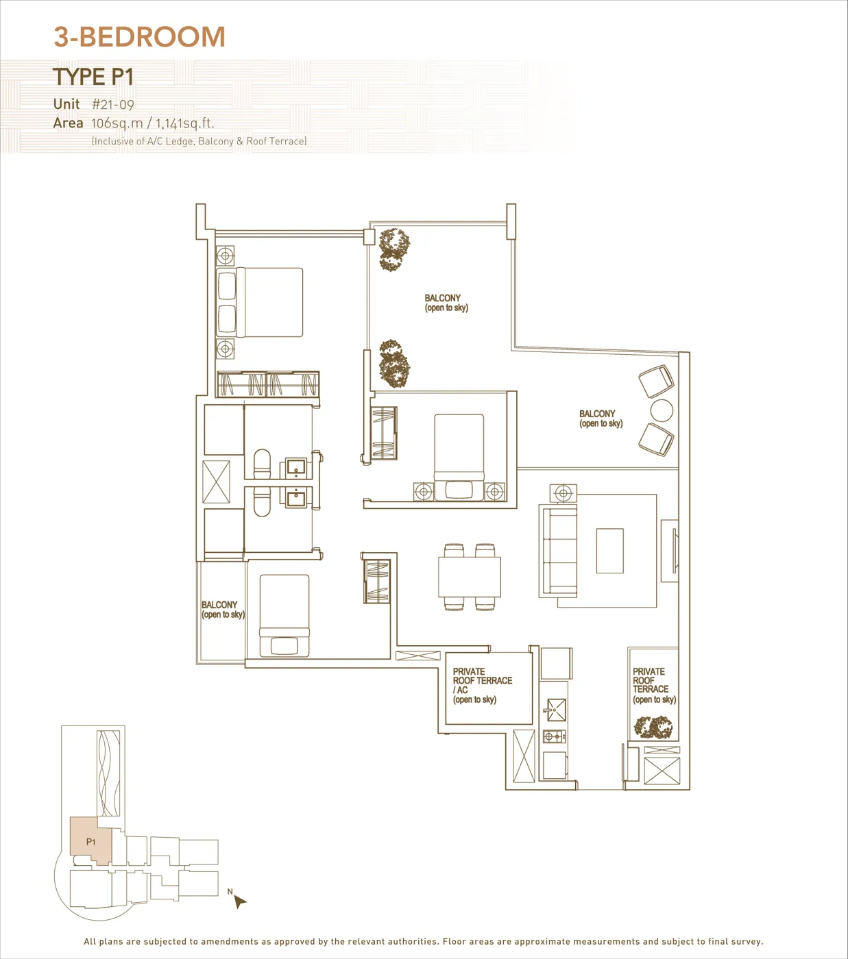 The Interweave floor plan, type P1: 3-Bedroom penthouse (with roof terrace), 1,141 sq ft