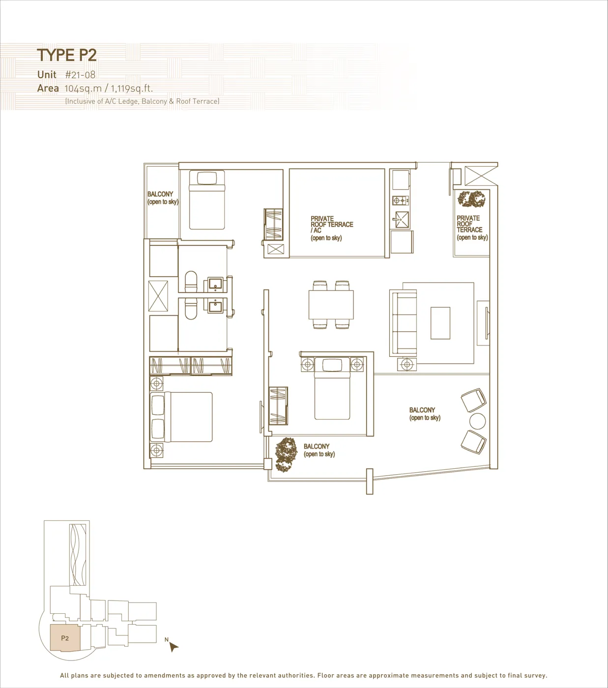 The Interweave floor plan, type P2: 3-Bedroom penthouse (with roof terrace), 1,119 sq ft