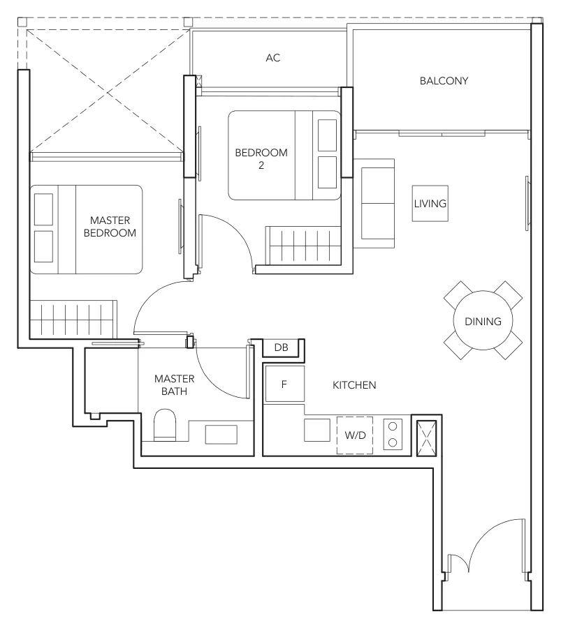 The Jovell floor plan, type (2)a: 2-Bedroom, 635 sq ft