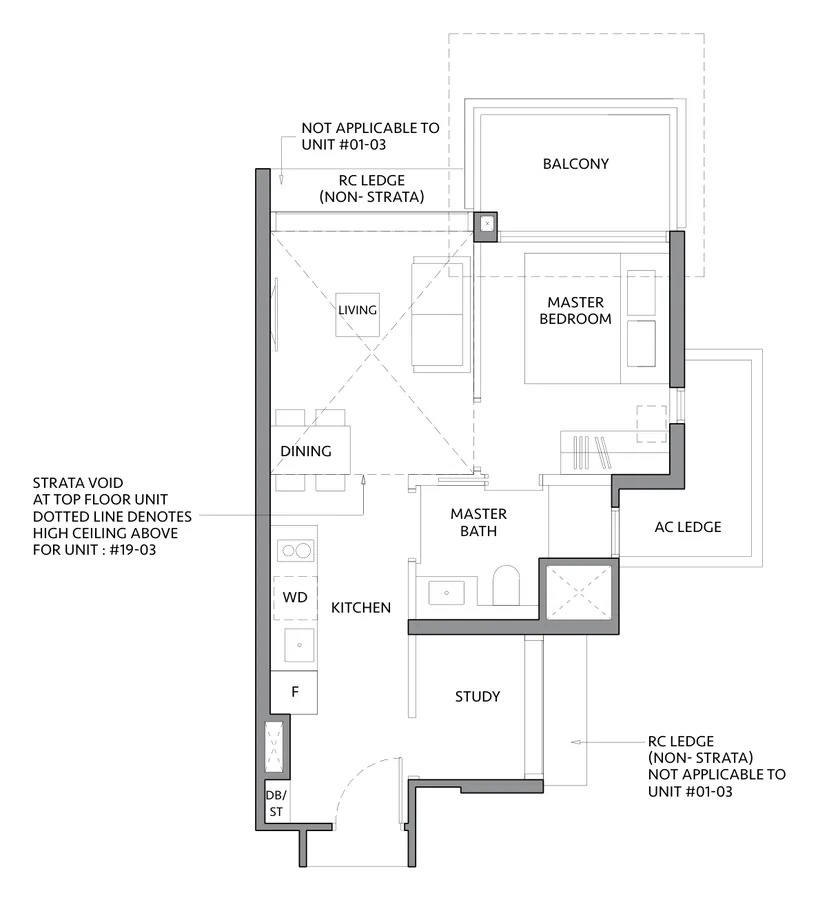 The LakeGarden Residences floor plan, type AS1: 1 Bedroom + Study, 527 sq ft