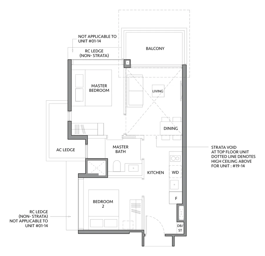 The LakeGarden Residences floor plan, type B1C: 2 Bedroom (Compact), 592 sq ft