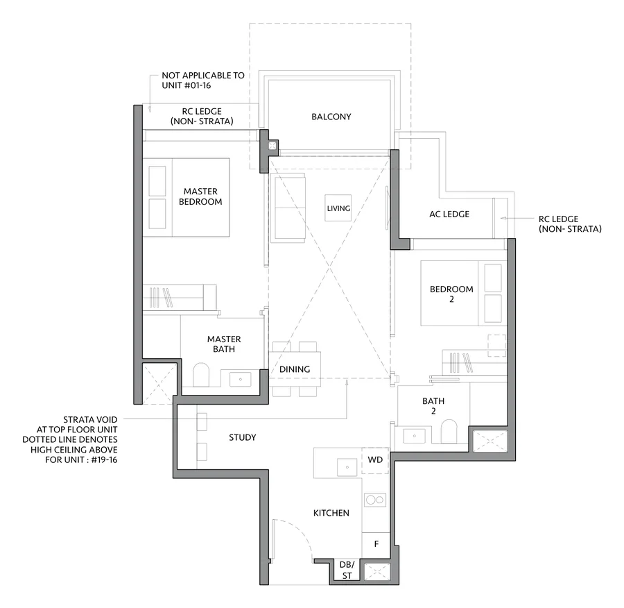 The LakeGarden Residences floor plan, type BS1: 2 Bedroom + Study, 775 sq ft