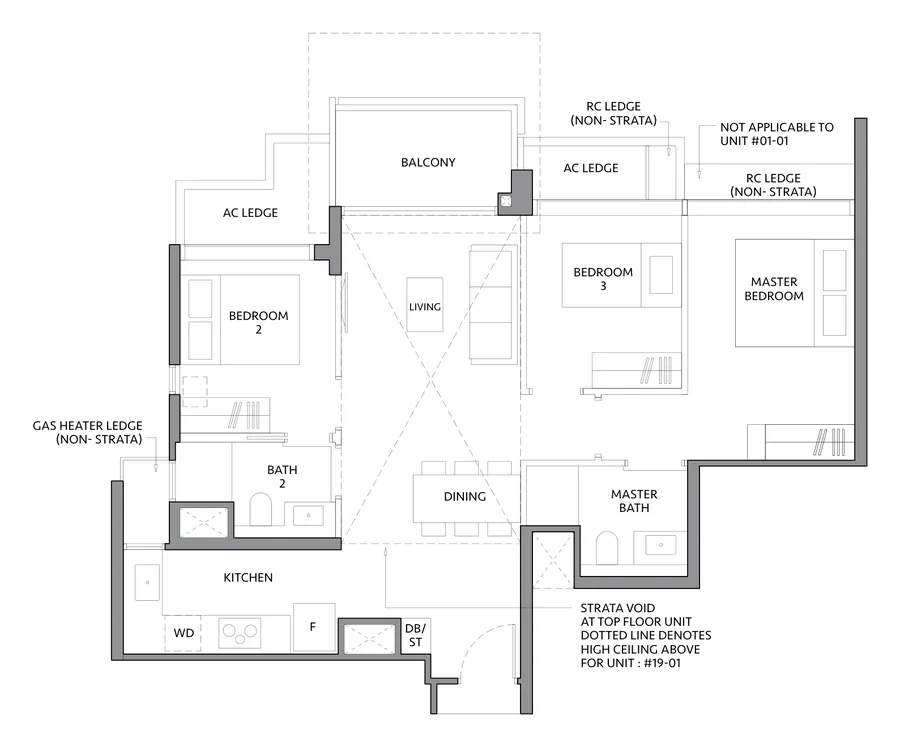 The LakeGarden Residences floor plan, type C1: 3 Bedroom, 926 sq ft