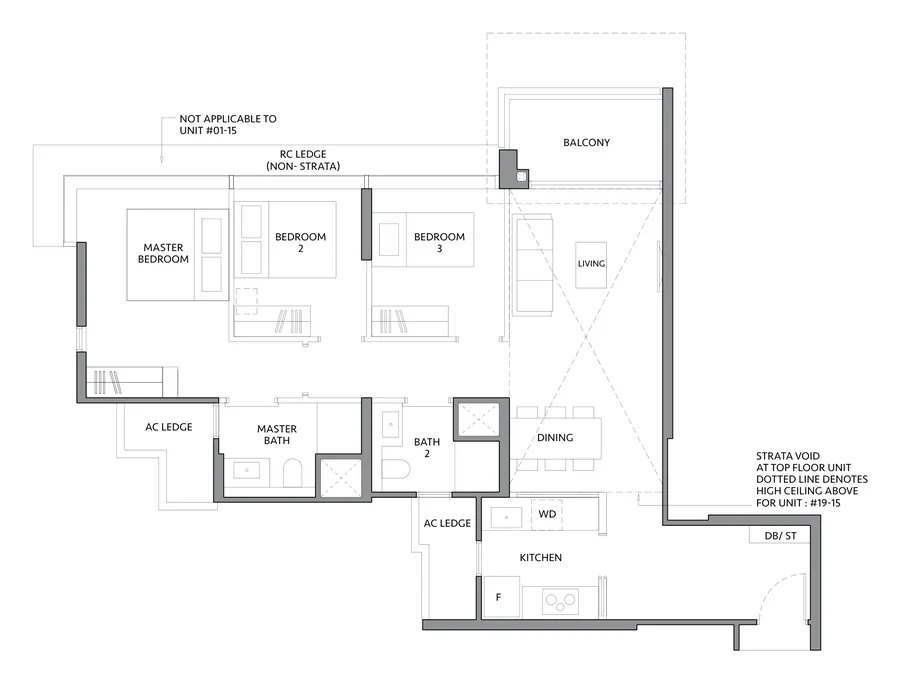 The LakeGarden Residences floor plan, type C2: 3 Bedroom, 1,012 sq ft