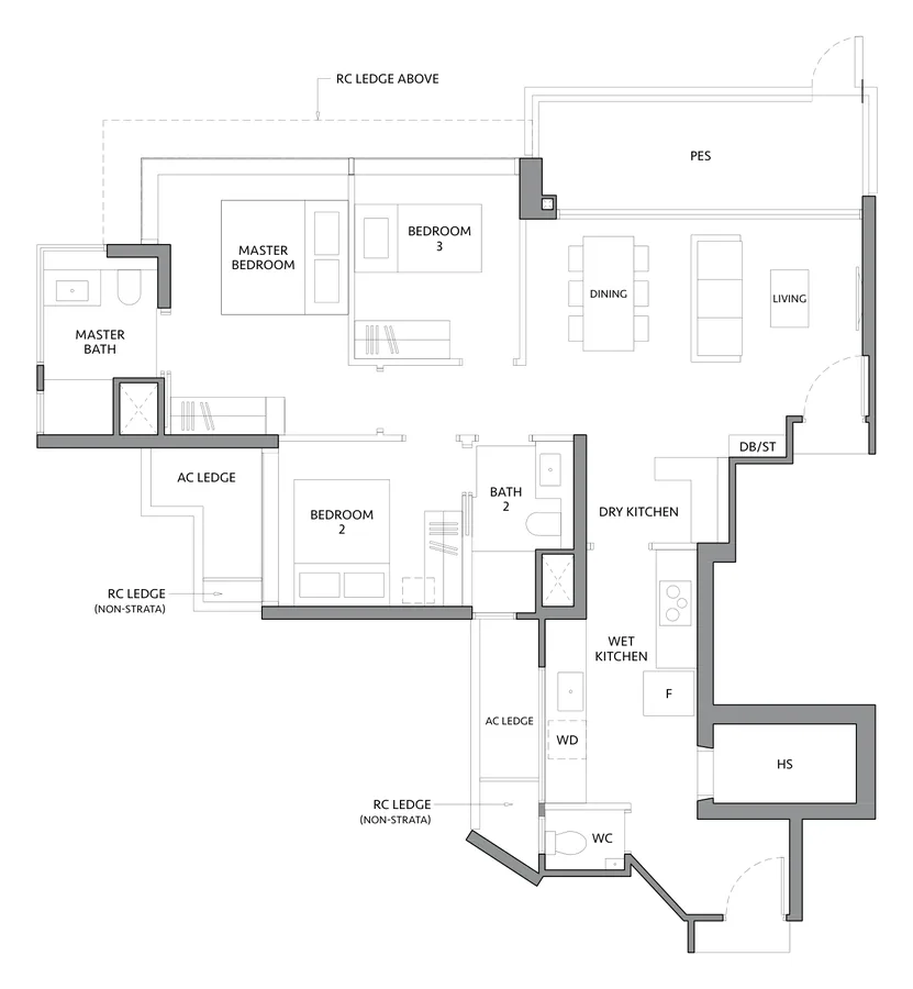 The LakeGarden Residences floor plan, type C3-G: 3 Bedroom, 1,130 sq ft