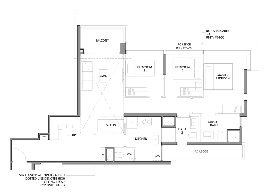 The LakeGarden Residences floor plan, type CS2: 3 Bedroom + Study, 1,109 sq ft