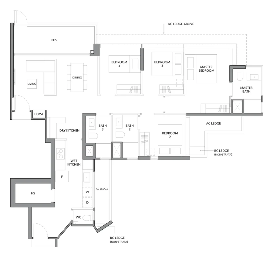 The LakeGarden Residences floor plan, type D2-G: 4 Bedroom, 1,335 sq ft