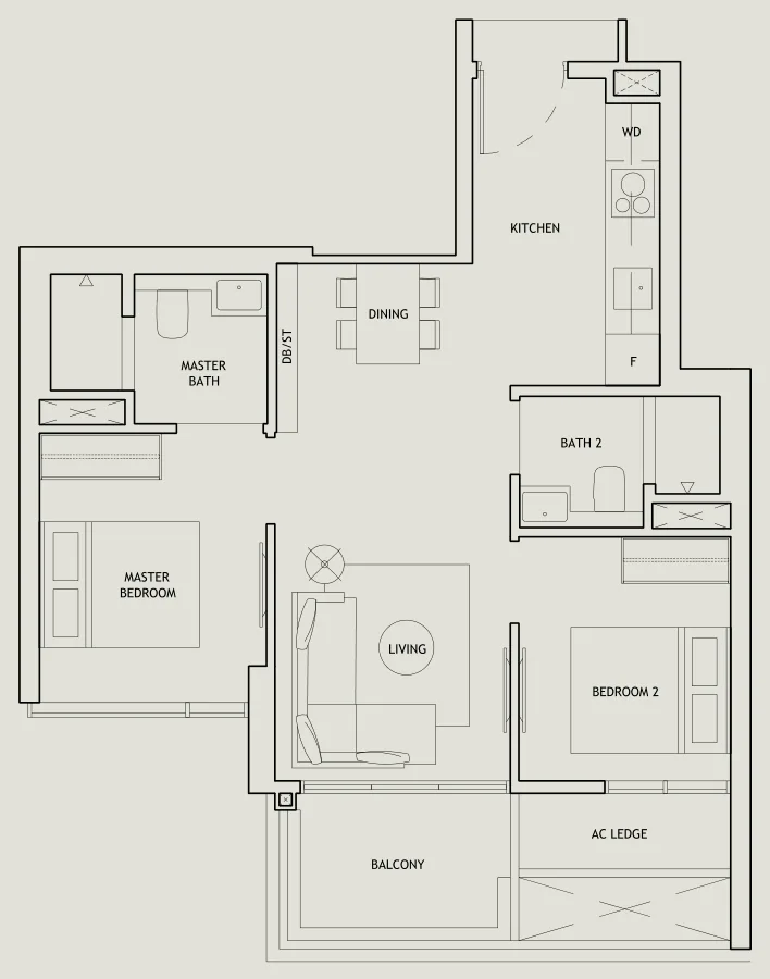 The Landmark floor plan, type B1: 2-Bedroom, 678 sq ft