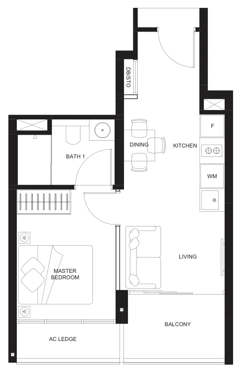 The Linq @ Beauty World floor plan, type A: 1-Bedroom, 431 sq ft