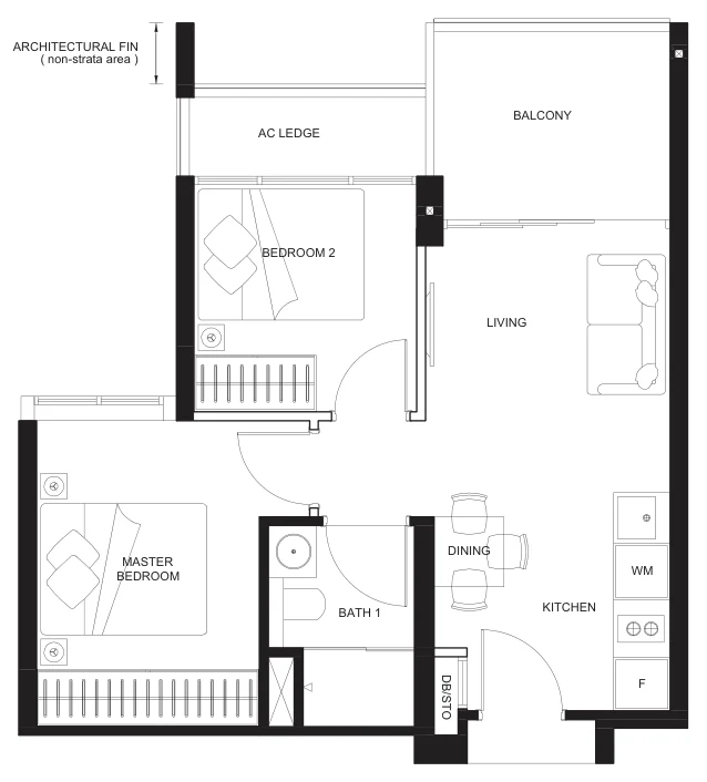 The Linq @ Beauty World floor plan, type B1: 2-Bedroom, 549 sq ft