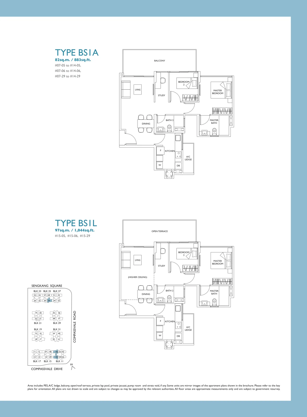 The Luxurie floor plan, type BS1A: 2-Bedroom + Study, 883 sq ft