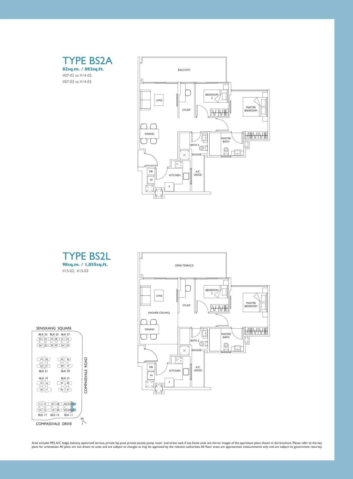 The Luxurie floor plan, type BS2A: 2-Bedroom + Study, 883 sq ft