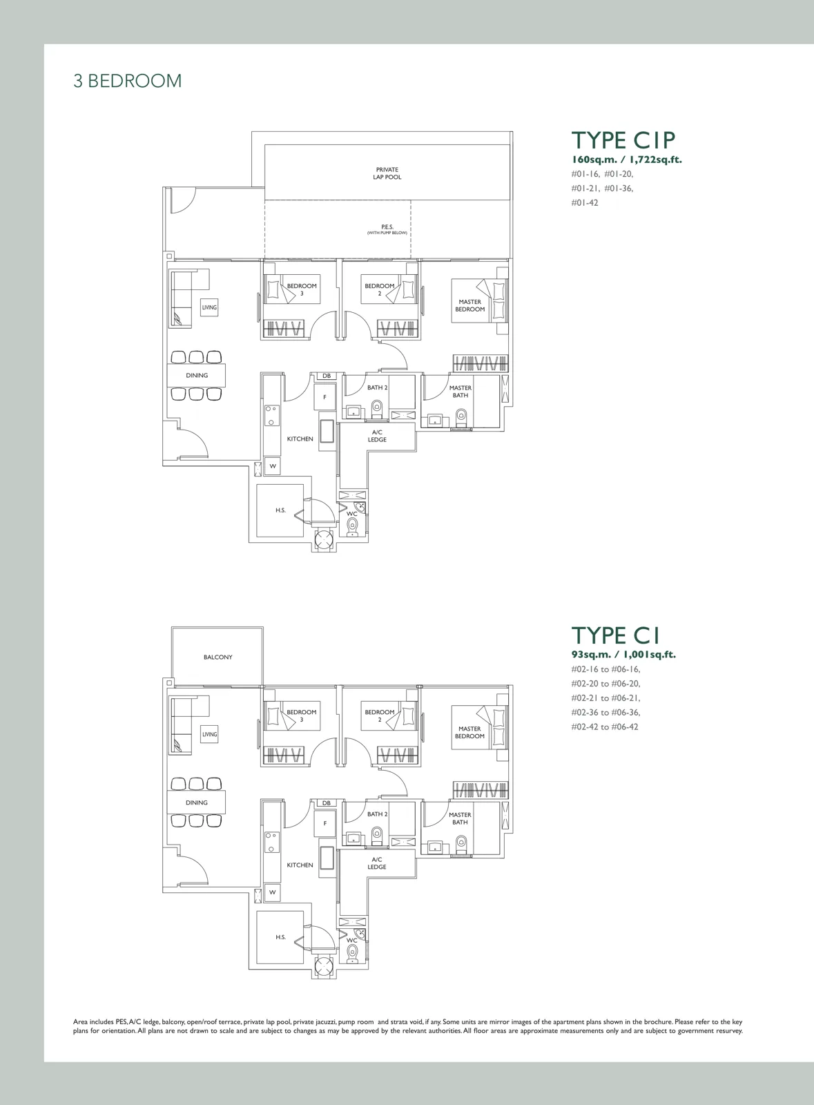 The Luxurie floor plan, type C1: 3-Bedroom, 1,001 sq ft