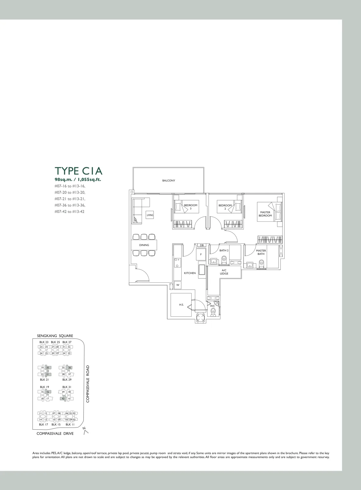 The Luxurie floor plan, type C1A: 3-Bedroom, 1,055 sq ft