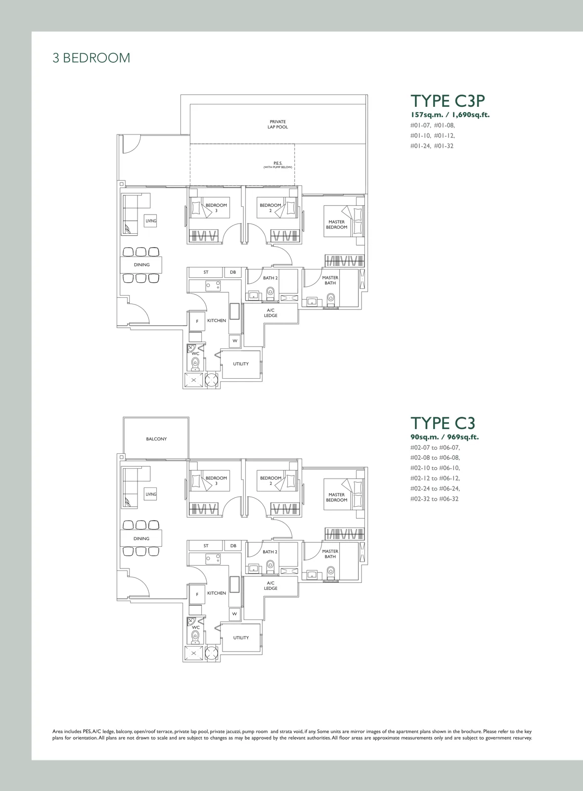 The Luxurie floor plan, type C3: 3-Bedroom, 969 sq ft