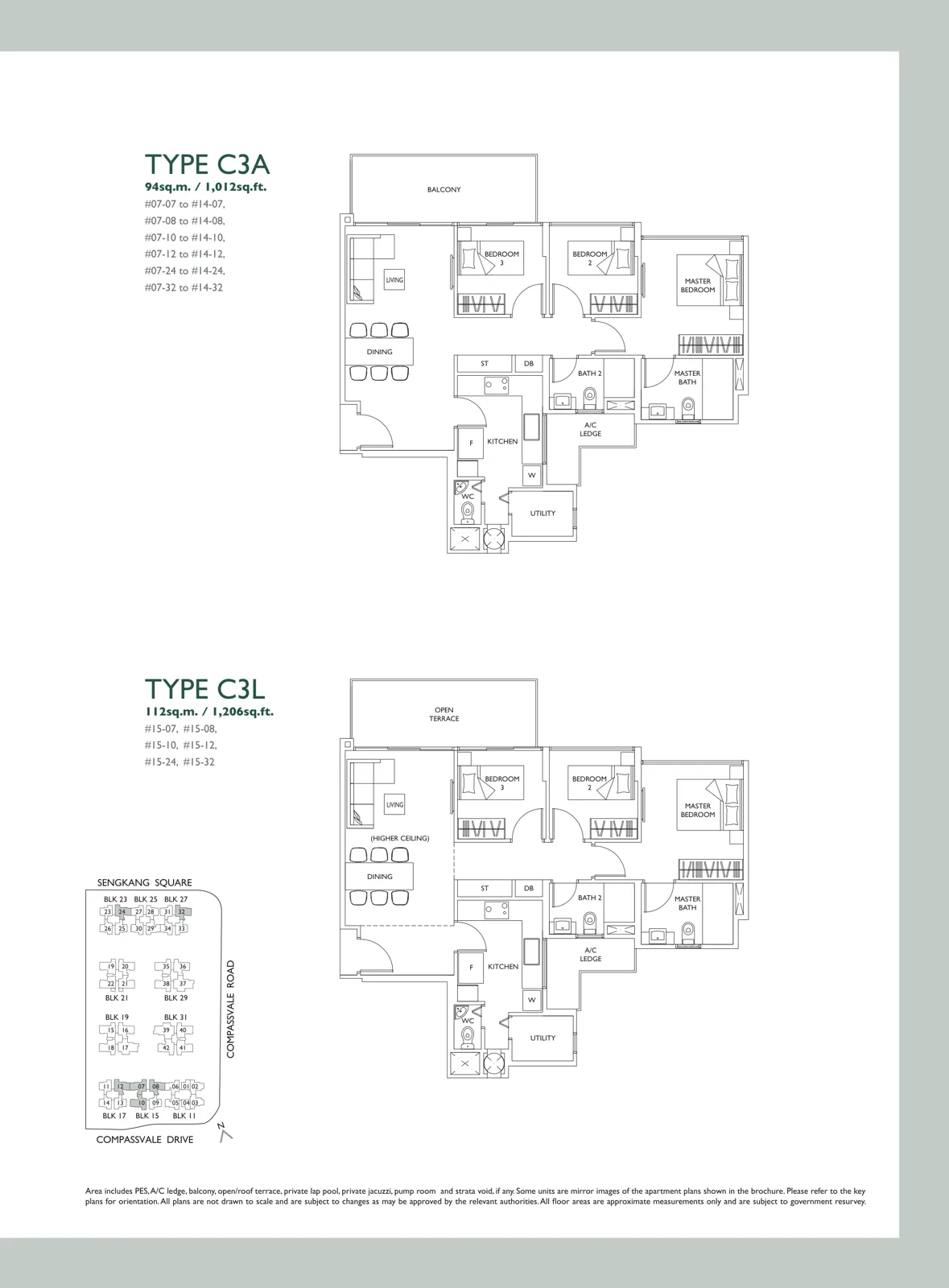 The Luxurie floor plan, type C3A: 3-Bedroom, 1,012 sq ft