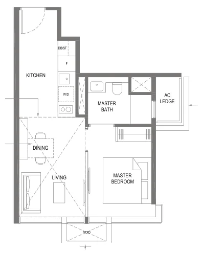 The M floor plan, type A6: 1-Bedroom, 409 sq ft