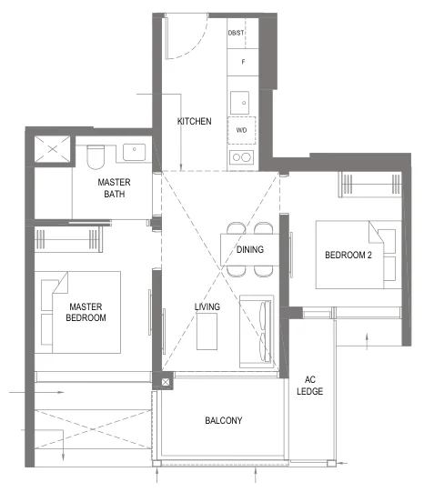 The M floor plan, type B2: 2-Bedroom, 592 sq ft