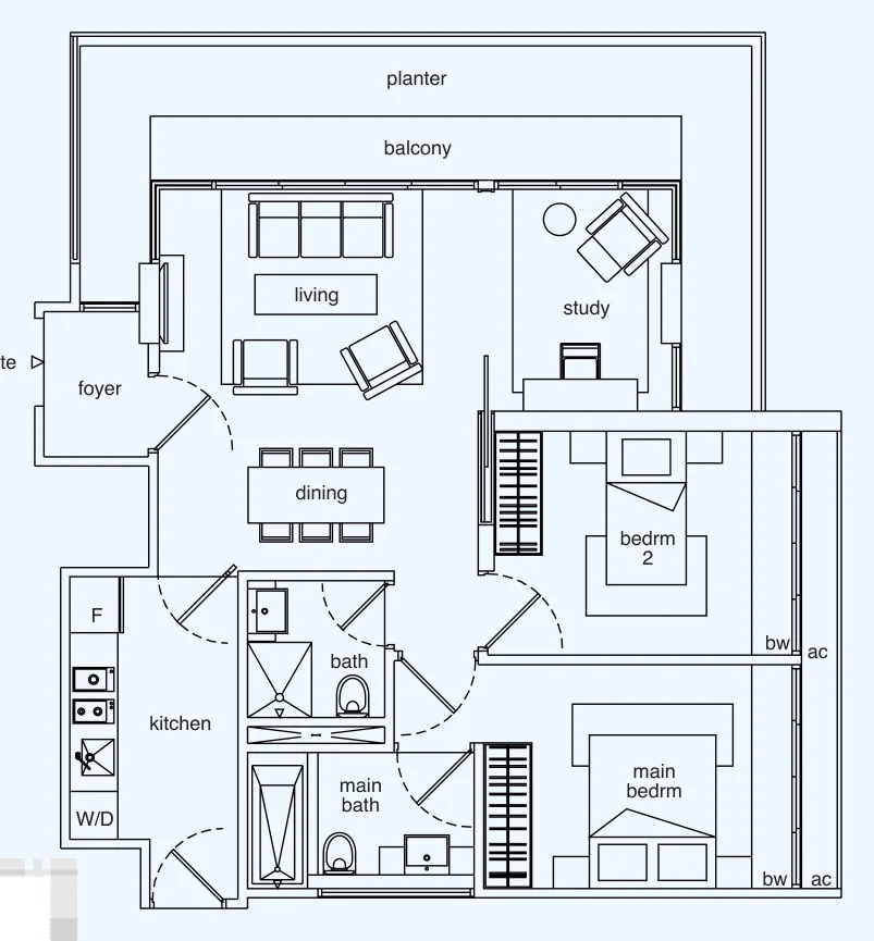 The Mercury floor plan, type A1: 2-Bedroom + Study, 1,044 sq ft