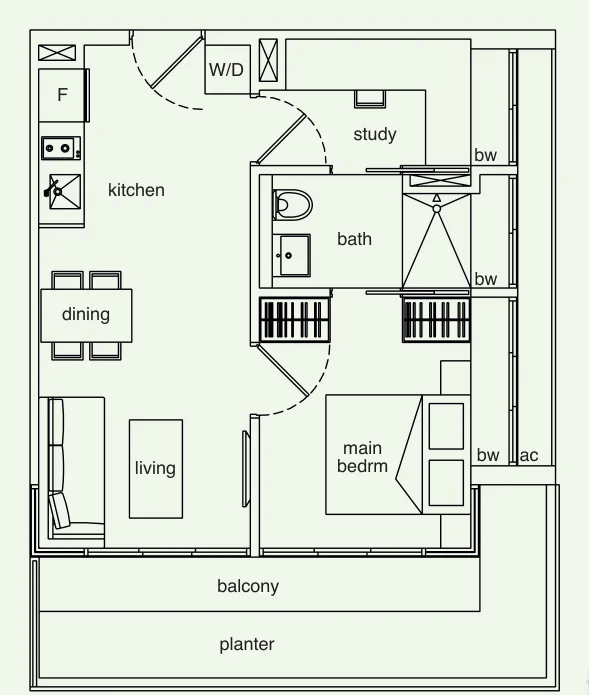 The Mercury floor plan, type B: 1-Bedroom + Study, 635 sq ft