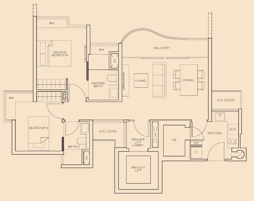 The Meyerise floor plan, type A2: 2-Bedroom, 883 sq ft