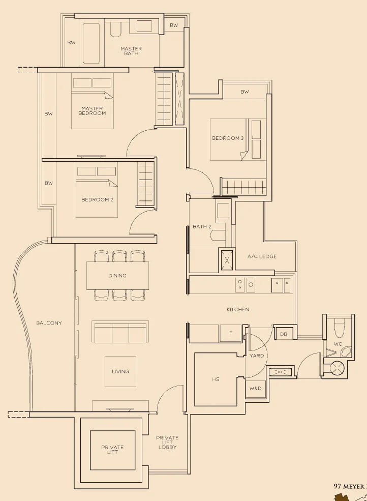 The Meyerise floor plan, type B3: 3-Bedroom, 1,270 sq ft