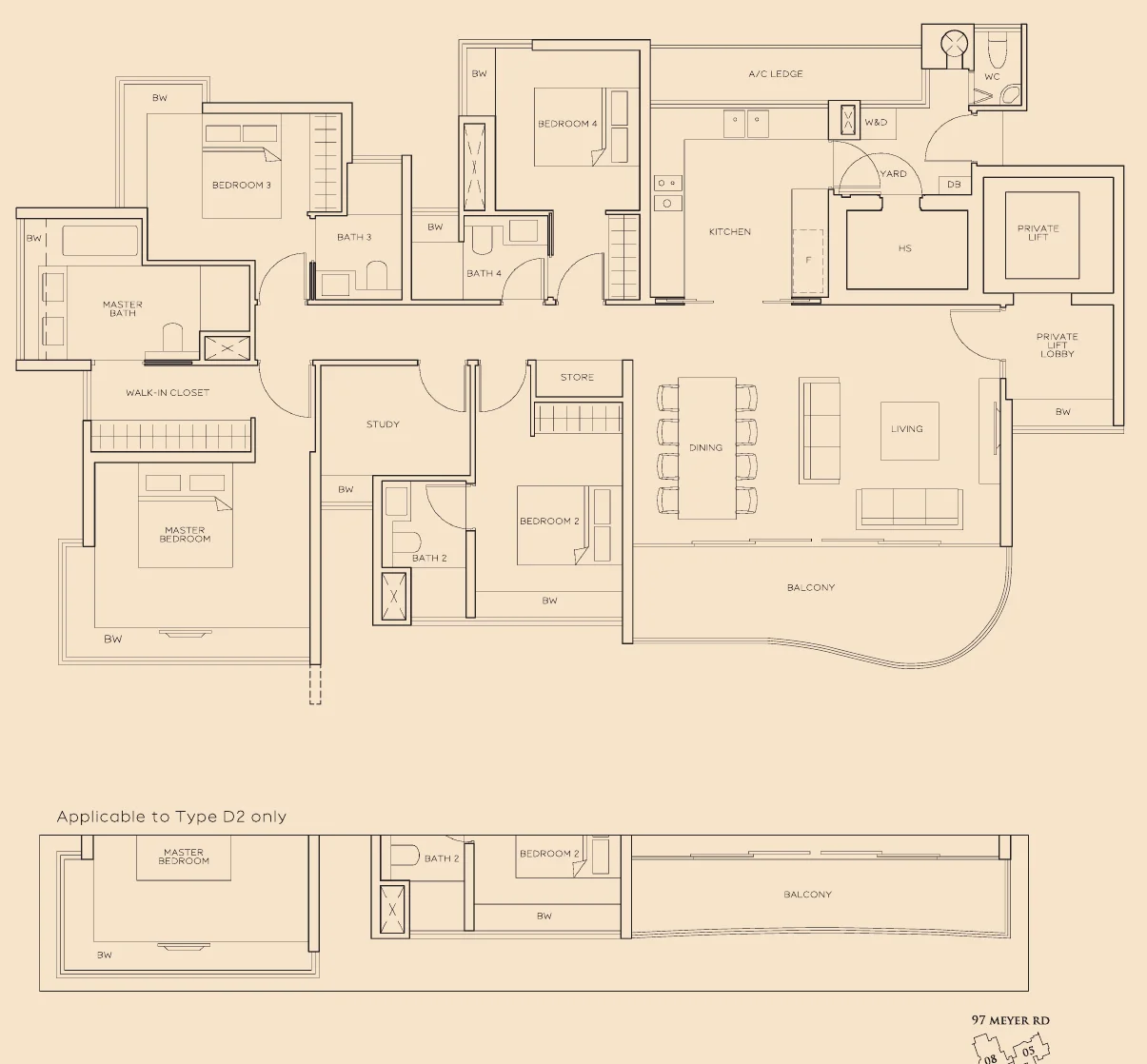 The Meyerise floor plan, type D2: 4+1-Bedroom (with study), 2,013 sq ft