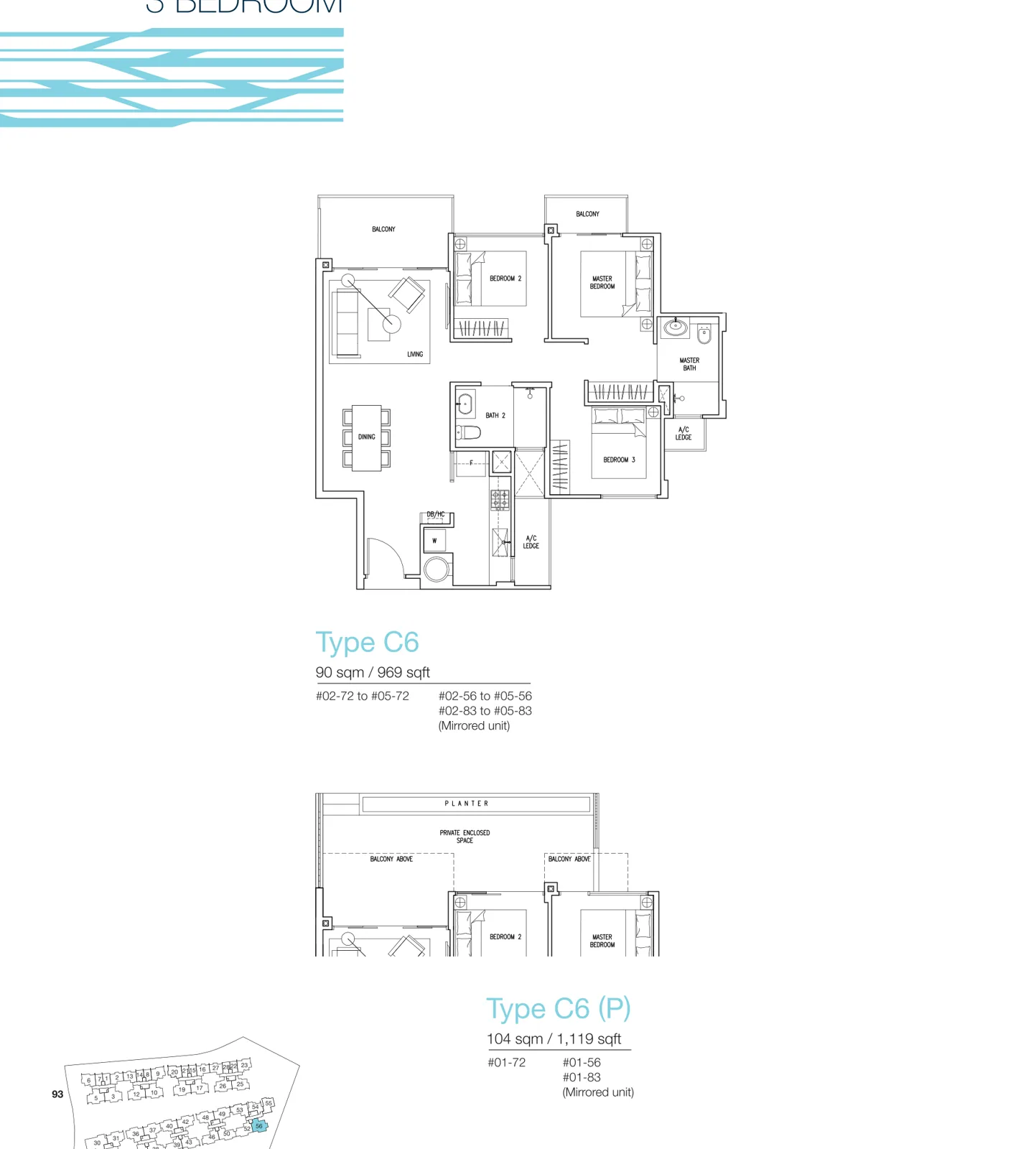 The Nautical floor plan, type C6: 3-Bedroom, 969 sq ft